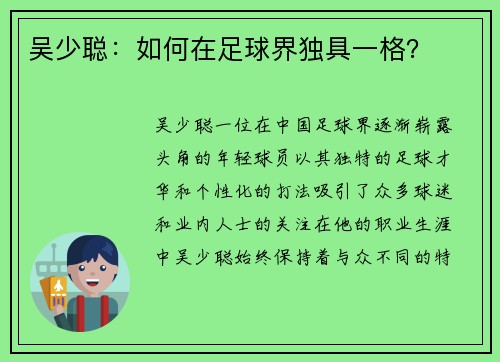 吴少聪：如何在足球界独具一格？