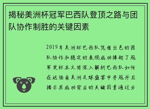 揭秘美洲杯冠军巴西队登顶之路与团队协作制胜的关键因素