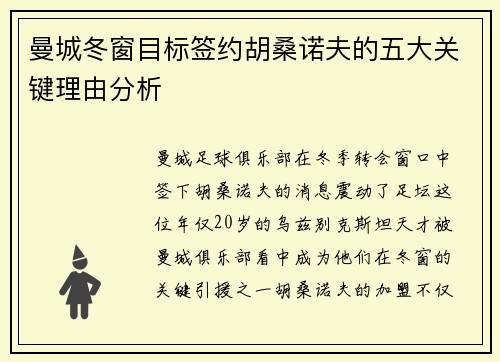 曼城冬窗目标签约胡桑诺夫的五大关键理由分析