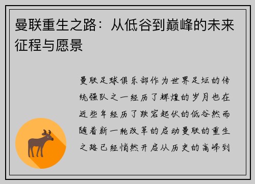 曼联重生之路：从低谷到巅峰的未来征程与愿景