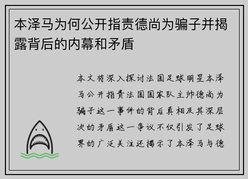 本泽马为何公开指责德尚为骗子并揭露背后的内幕和矛盾