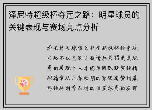 泽尼特超级杯夺冠之路：明星球员的关键表现与赛场亮点分析